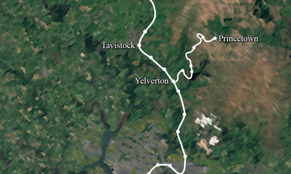 The main line from Plymouth to Launceston, with the branch off for the Yelverton to Princetown branch line. 